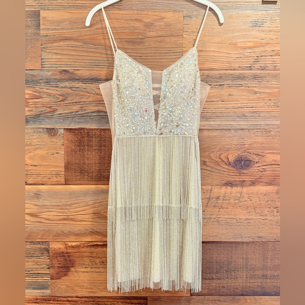 Jovani Gold Sequin Fringe Mini Tassle Dress with V-Neck *UNICORN* - Picture 3 of 17